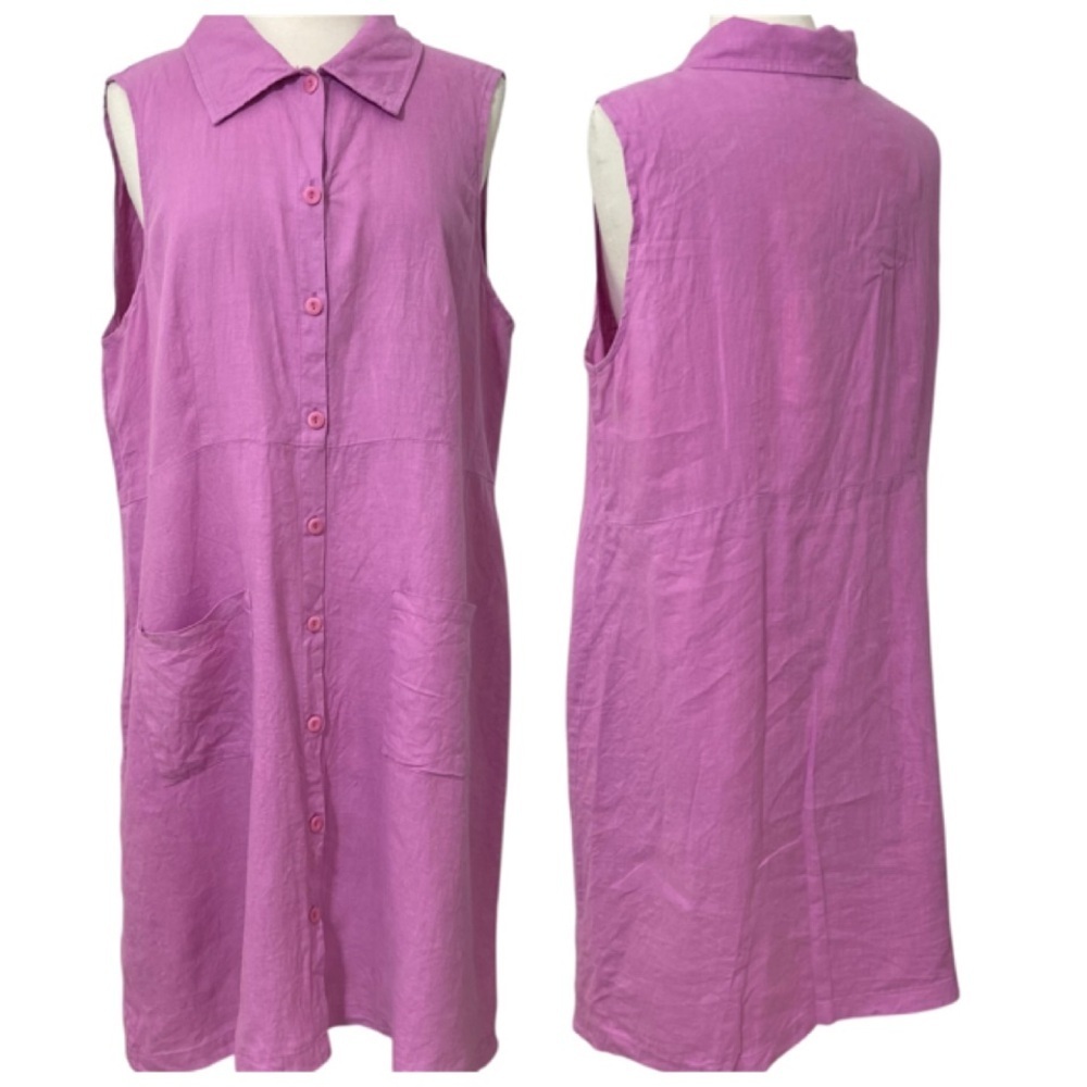 Flax 100% Linen Raspberry Button Front Shirt Dres… - image 2